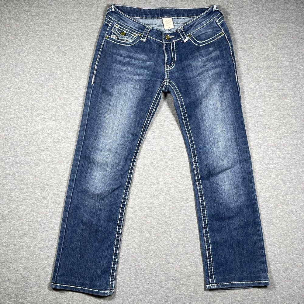 True Religion Joey Super T Jeans Womens 30 Blue Wash Straight Leg Embroidered